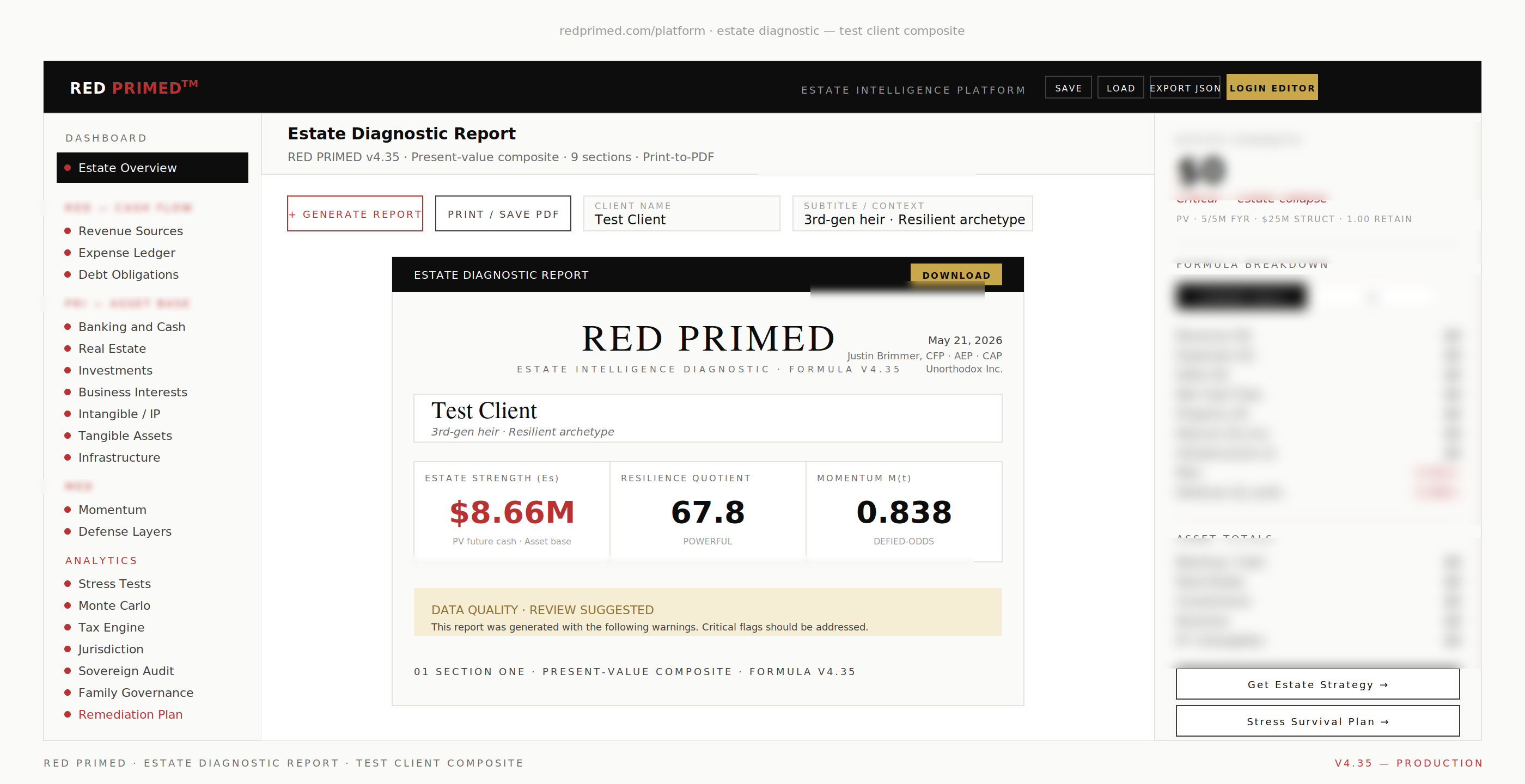RED PRIMED estate diagnostic dashboard — proprietary values redacted